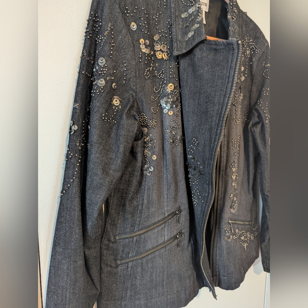Chico's Vintage 90s Dark Jean Jacket with Embellishments - Picture 8 of 12